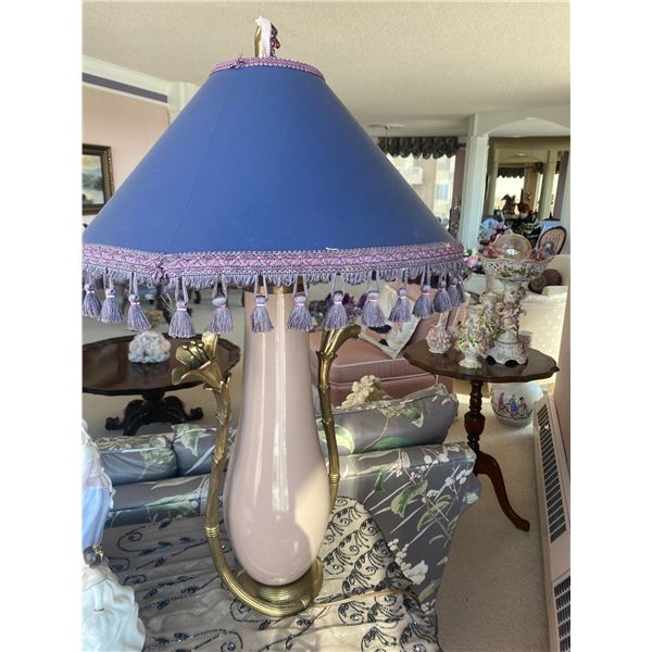 Table Lamp with Tassled Shade With Decoractive Brass Flowers Wrapped Around Base