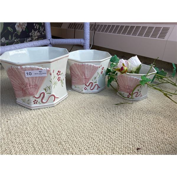 Three Matching Planters Pots with Hand Painted Fan/Floral Design