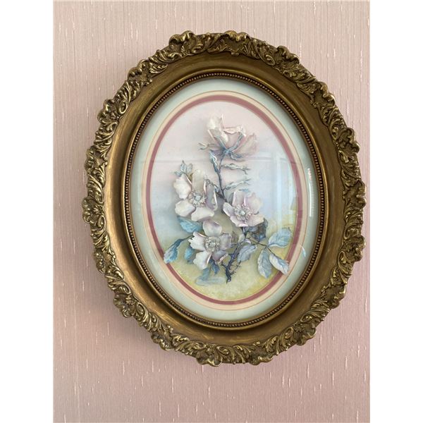 Hand Painted Paper Floral Pattern in Lovely Antique Oval Gilded Frame, & Cross-Stitch Flowers in Rou