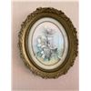Image 1 : Hand Painted Paper Floral Pattern in Lovely Antique Oval Gilded Frame, & Cross-Stitch Flowers in Rou