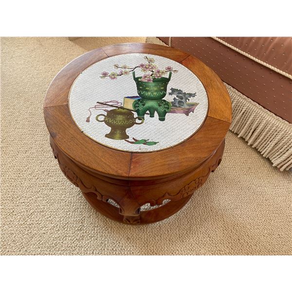 Small Antique Wood Side Table/Stand with Porcelaine Teapot Patterened Inlay