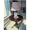 Image 5 : Antique Round Wood Side Table & Chinese Themed Table Lamp