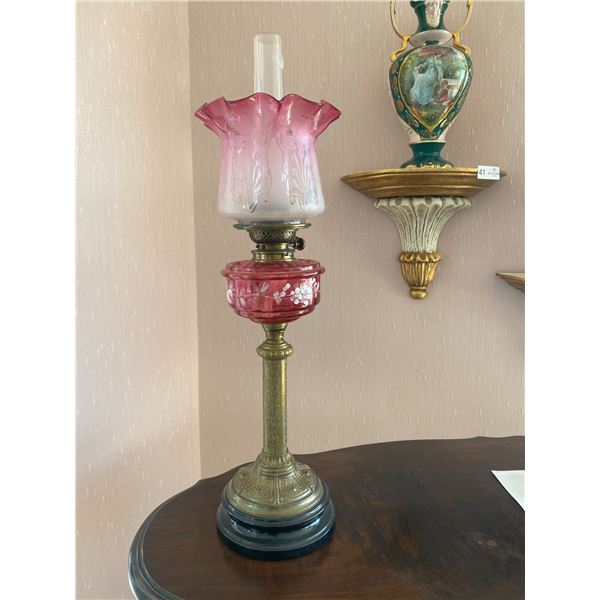 Antique Cranberry Glass Kersosine Lamp with Brass Base