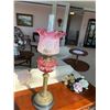 Image 8 : Antique Cranberry Glass Kersosine Lamp with Brass Base
