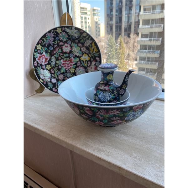 Chinese Decorative Plate, Teapot, Large and Small Bowl