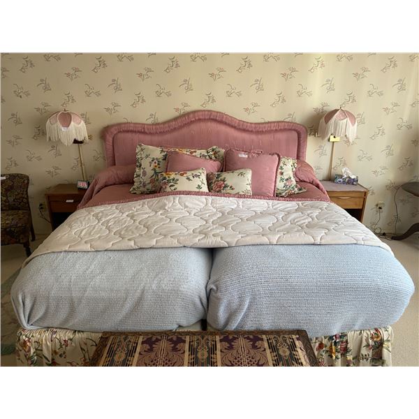 Two Twin Mattresses In Metal Bed Frame With Fabric Headboard & Matching Bedding