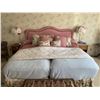 Image 1 : Two Twin Mattresses In Metal Bed Frame With Fabric Headboard & Matching Bedding