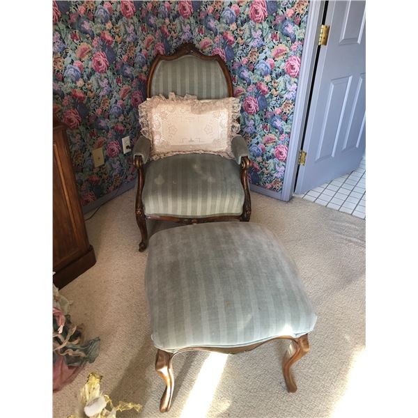 Antique Sitting Chair with Matching Footstool and Accent Pillow