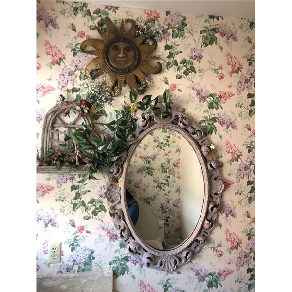 Ornate Wood Mirror with Decorative Sun and Decorative Window Sill Scene