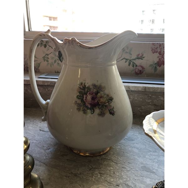 Large Jug, Small Pedastole, Soap Dish & Brass Candle Holders