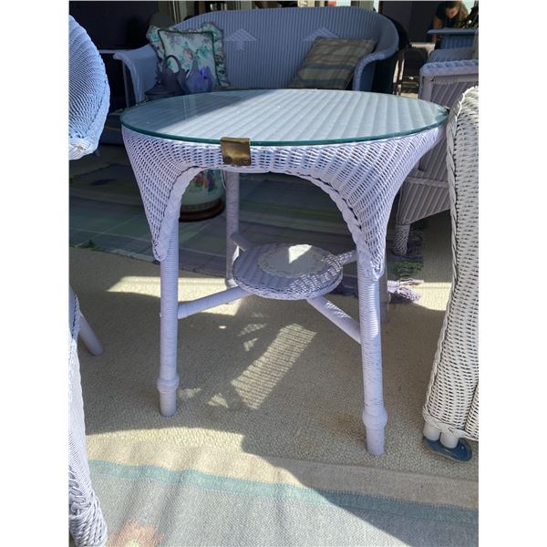 Round Antique Lilac Wicker Table With Glass Top