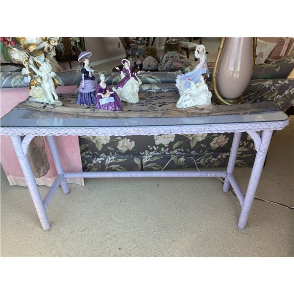 Antique Lilac Wicker Console Table With Glass Top