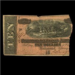 1864 Scarce Confederate $10 Note Torn (COI-3306)
