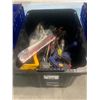 Image 1 : BIN OF ASSORTED TOOLS INCLUDING DEWALT UTILITY BAR, FISKARS HATCHET , SCREWDRIVERS, BOLT CUTTERS,