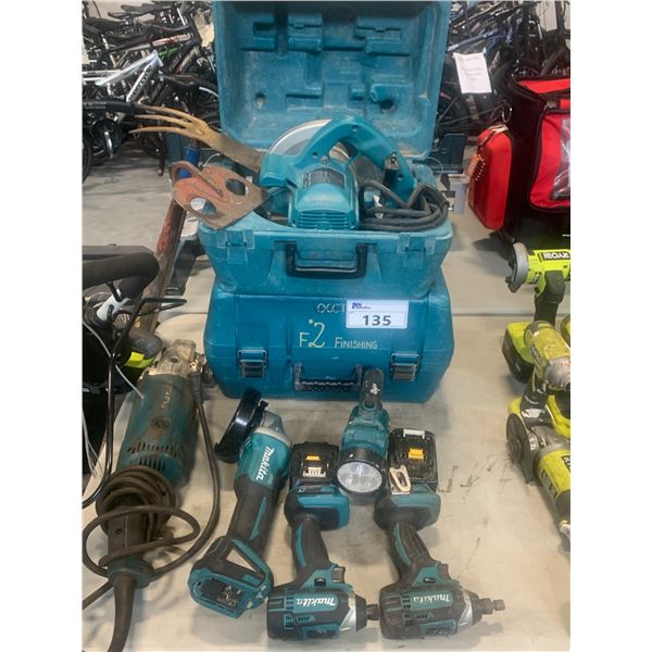 LOT OF ASSORTED MAKITA POWER TOOLS INCLUDING 2 CIRCULAR SAWS WITH CASE, DRILLS, ANGLE GRINDER AND