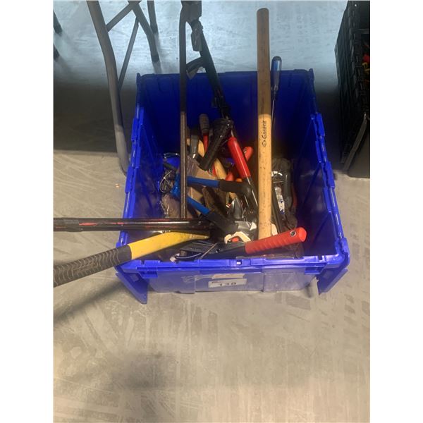 BIN OF MISCELLANEOUS HAND TOOLS INCLUDING 30" BOLT CUTTER, GARANT SLEDGE HAMMER AND MORE