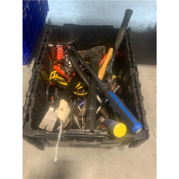 BIN OF MISCELLANEOUS HAND TOOLS INCLUDING JUMPER CABLE, ESTWING HAMMER AND MORE