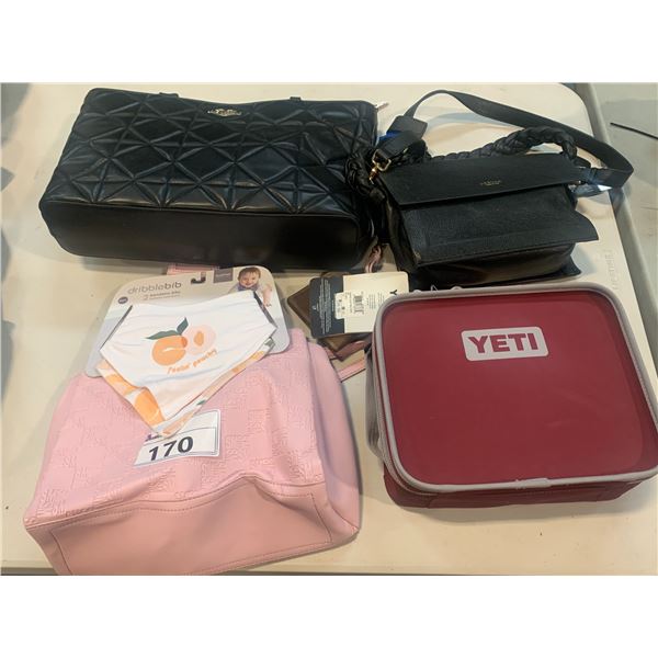 YETI LUNCH BOX AND 3 ASSORTED WOMEN'S BAGS INCLUDING LOVE MOSCHINO TOTE  (HAS A SCRATCH) AND