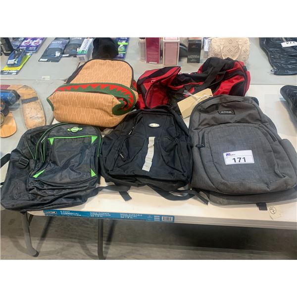 5 ASSORTED BAGS INCLUDING SPRAYGROUND BACKPACK, DAKINE AND MORE