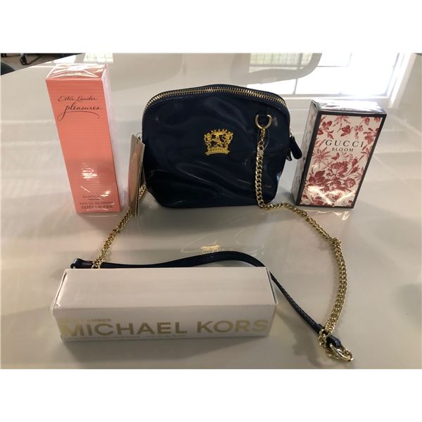 NAVY BLUE PRATESI ITALIAN LEATHER PURSE WITH MICHEAL KORS SEXY AMBER PERFUME, ESTEE LAUDER PLEASURES