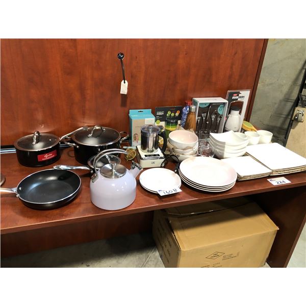 LOT OF KITCHENWARE INCLUDING KTE SPADE KETTLE, LAGOSTINA PATS AND PAN, LALORIKJ MILK FROTHER , ANNA