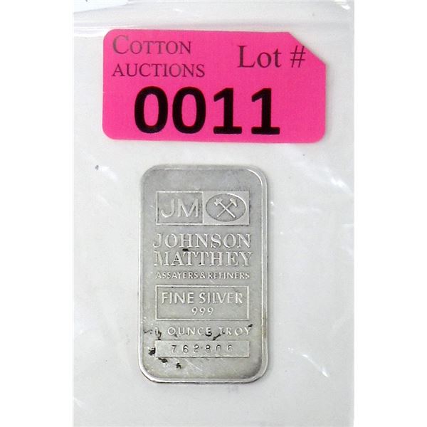 1 Oz. .999 Silver Johnson Matthey Bar