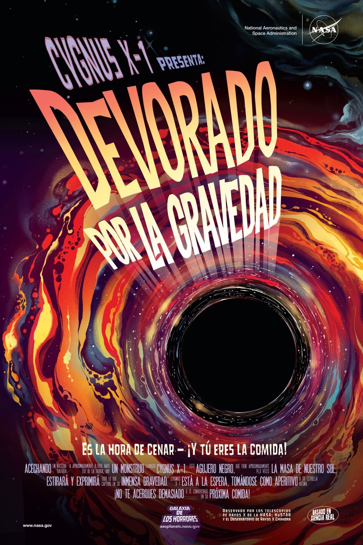 Devorado por la gravedad (Swallowed by gravity) Spanish NASA poster,
