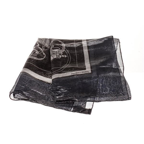 Hermes Black Grey Silk Scarf