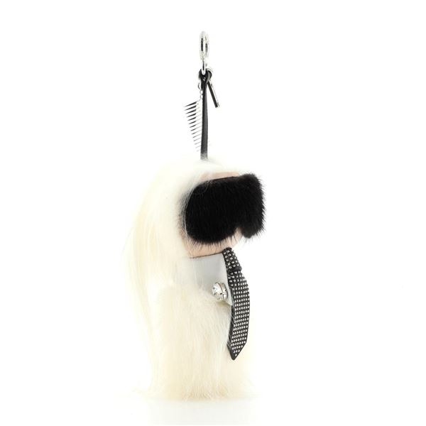 Fendi Karlito Bag Charm Fur with Leather Neutral