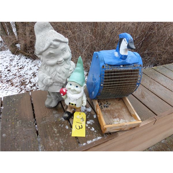 2 Garden Gnomes and Blue Jay Bird Feeder