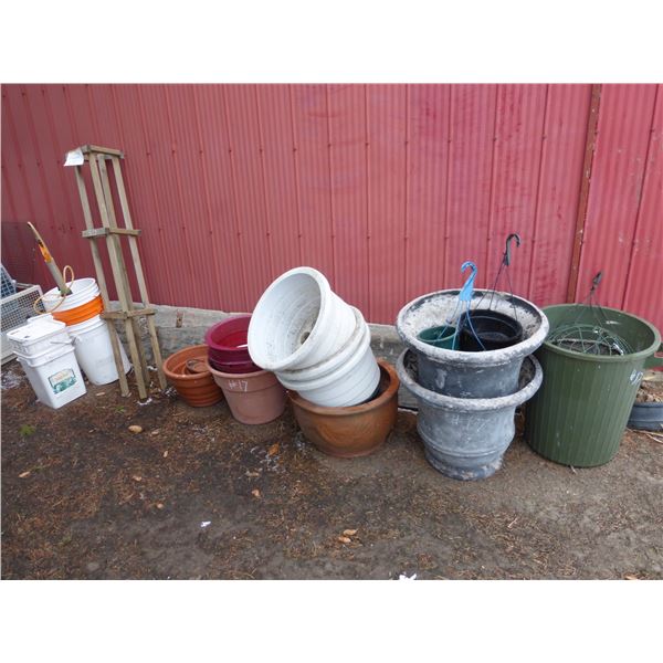Qty of Various Planters, Qty of Buckets, Wooden Climbing Cucumber Cage and Green Cross Sprayer
