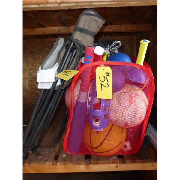 Hamper of Asst. Kids Outdoor Toys and Camo Tripod Chair