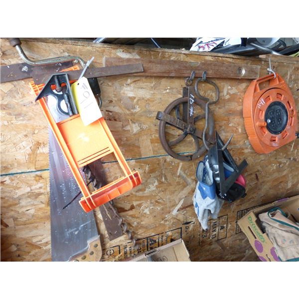 Misc. Carpenter Tools, Wrecking Bars, Cord Caddy, Harness Hooks, and Come-a-long