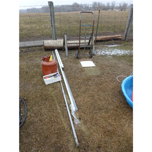 Gas Can, Jerry Can Parts, 2 Wheel Dolly, Cement Form, T-bar Ceiling and Pipe Stand