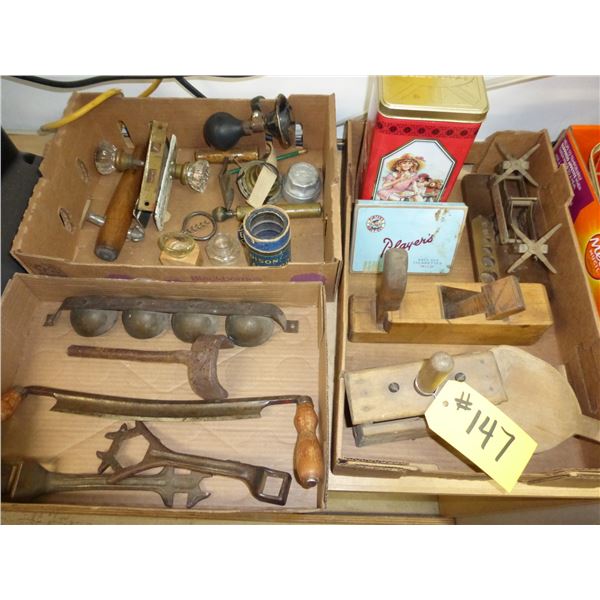 Various Antiques, Wood Plane, Sleigh Bells, Draw Knife, 2- Buggy Wenches and Butter Press