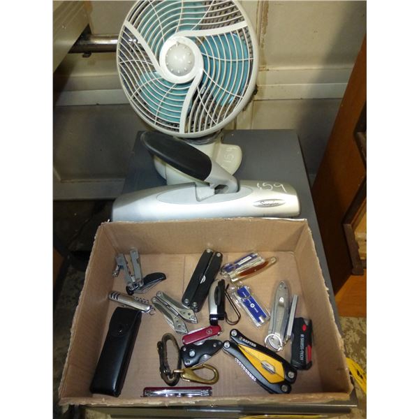 3 Hole Punch, Fan and Box of Pocket Knives