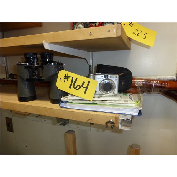 Binoculars, Canon Digital Camera and 3 Wooden Canes