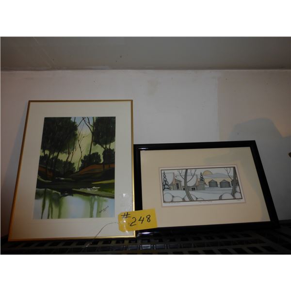 2- Framed Pictures- Water Color- Winter Farm Scene