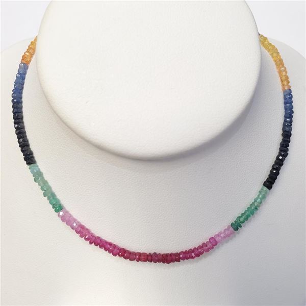 10K Yellow Gold Blue And Yellow Sapphires, Rubies And Emeralds(36ct) 220 Gemstones Necklace (~length