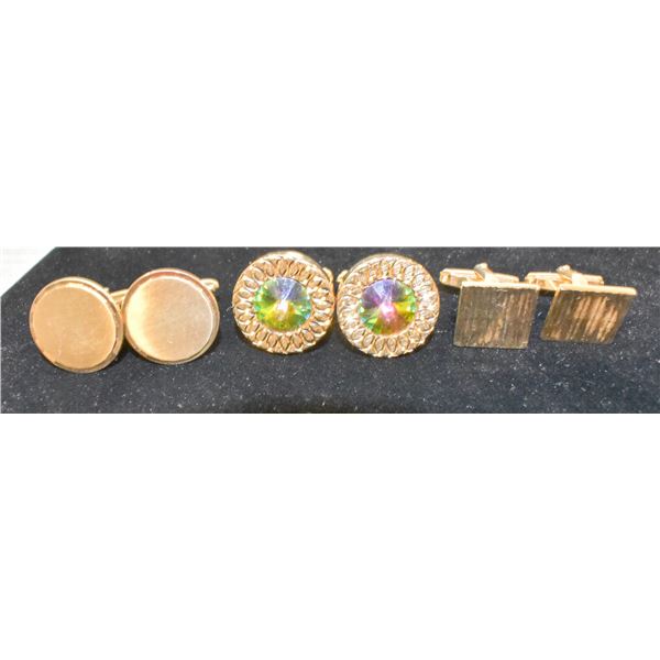 3 PAIRS OF GOLD TONE CUFFLINKS, ONE CAN BE ENGRAVE