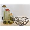 GLASS CANISTERS IN WIRE RACK & WIRE METAL BOWL