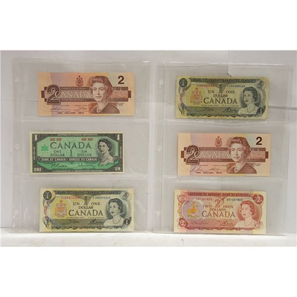 6 OLD CANADA $1 & $2 BANK NOTES, CIRCULATED