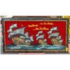 Image 1 : 53" X 30" VELVET RETRO PAINTING OF SHIP