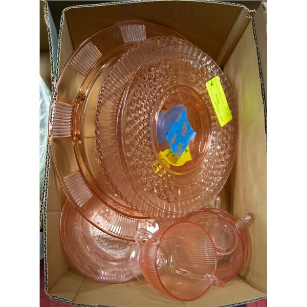 BOX OF ESTATE PINK GLASS DISHES/CUPS ETC.