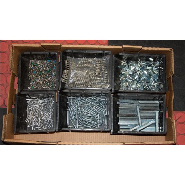 FLAT OF 6 BINS, SCREWS, SPRINGS, & MORE