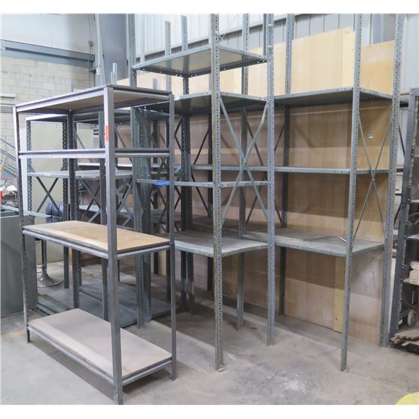 Qty 9 Metal & Wood Adjustable Warehouse Shelves, Misc Sizes