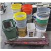Image 1 : Pallet Multiple Buckets & Radar R2310 Tile on Rolling Metal Dolly