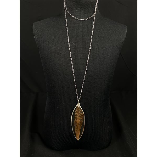 Extra Long Silver Plated Chain with Feather Pendant Necklace 32-34"  Pendant is 4" L