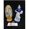 Image 1 : Lot of 2 Figurines. 1 Blue Hand Painted Dutch Lady, Marked Occupied Japan with Crack at Back + Wood/
