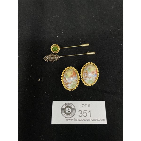 Pair of Clip On Earrings and 2 Stick Pins